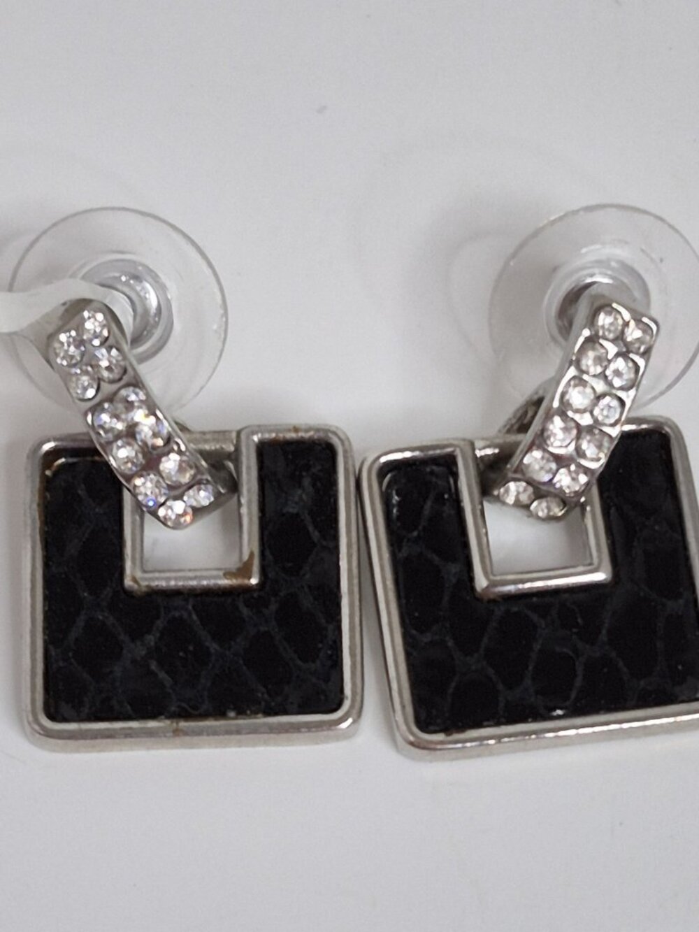 CACHE Black Enamel Rhinestone Pierced Earrings 1" NWT